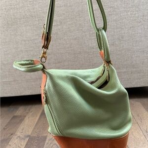 Green Leather Shoulder Bag with Tan Trim